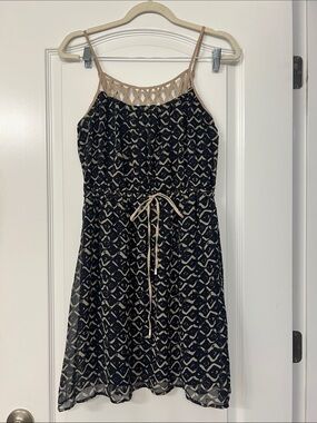 Rosebud Navy and Beige Mini Dress with Lattice Yoke
